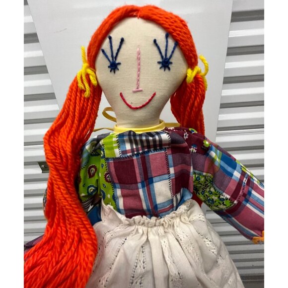 Handmade 22" Cloth Doll Long Red Hair In Pig Tales Calico Dress White Bloomemers - Picture 2 of 9